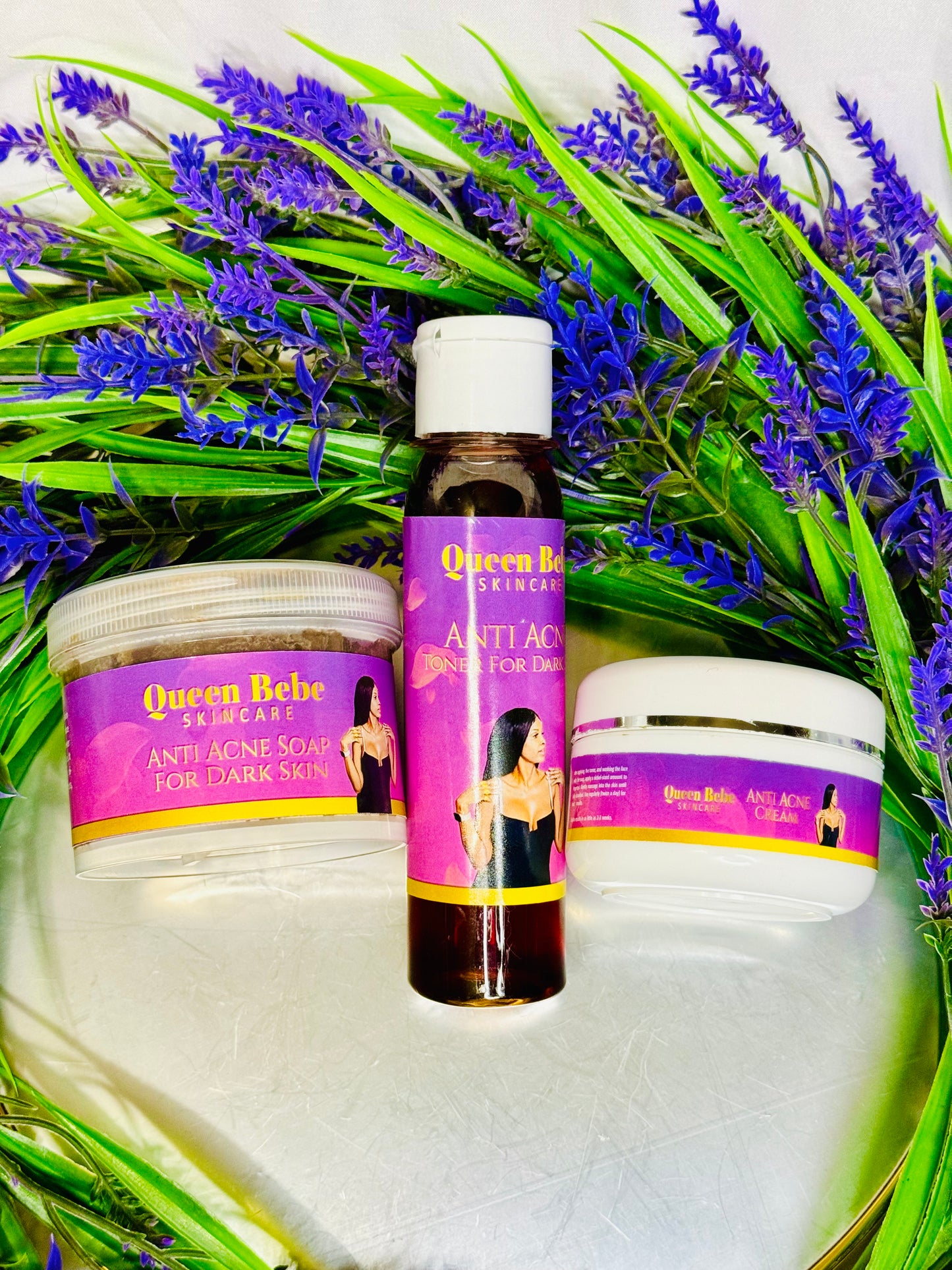 Queen Bebe Skincare Anti Acne Set For Darker Skin. 1 Facial Soap, 1 Facial Toner, 1 Facial Cream