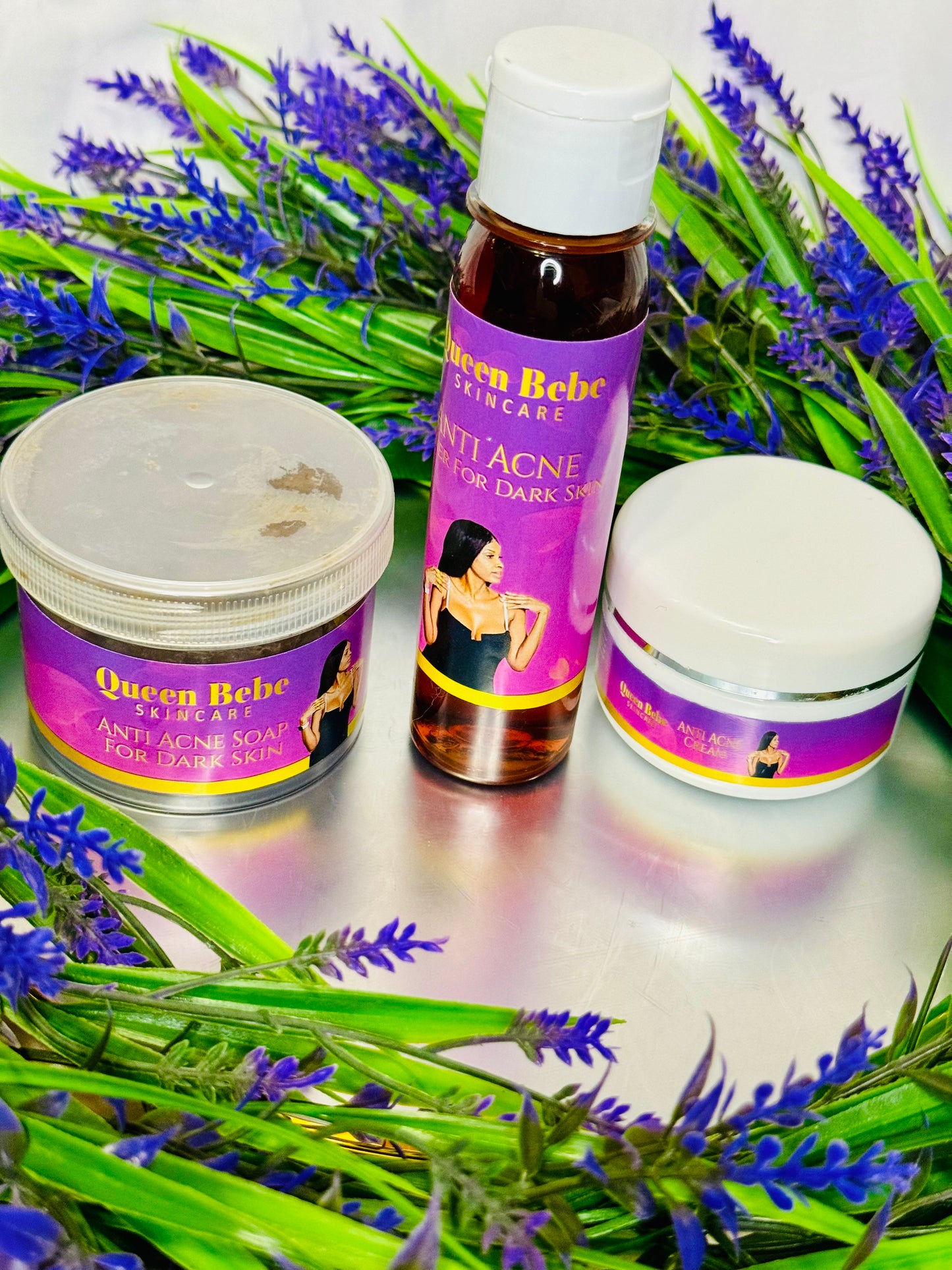Queen Bebe Skincare Anti Acne Set For Darker Skin. 1 Facial Soap, 1 Facial Toner, 1 Facial Cream