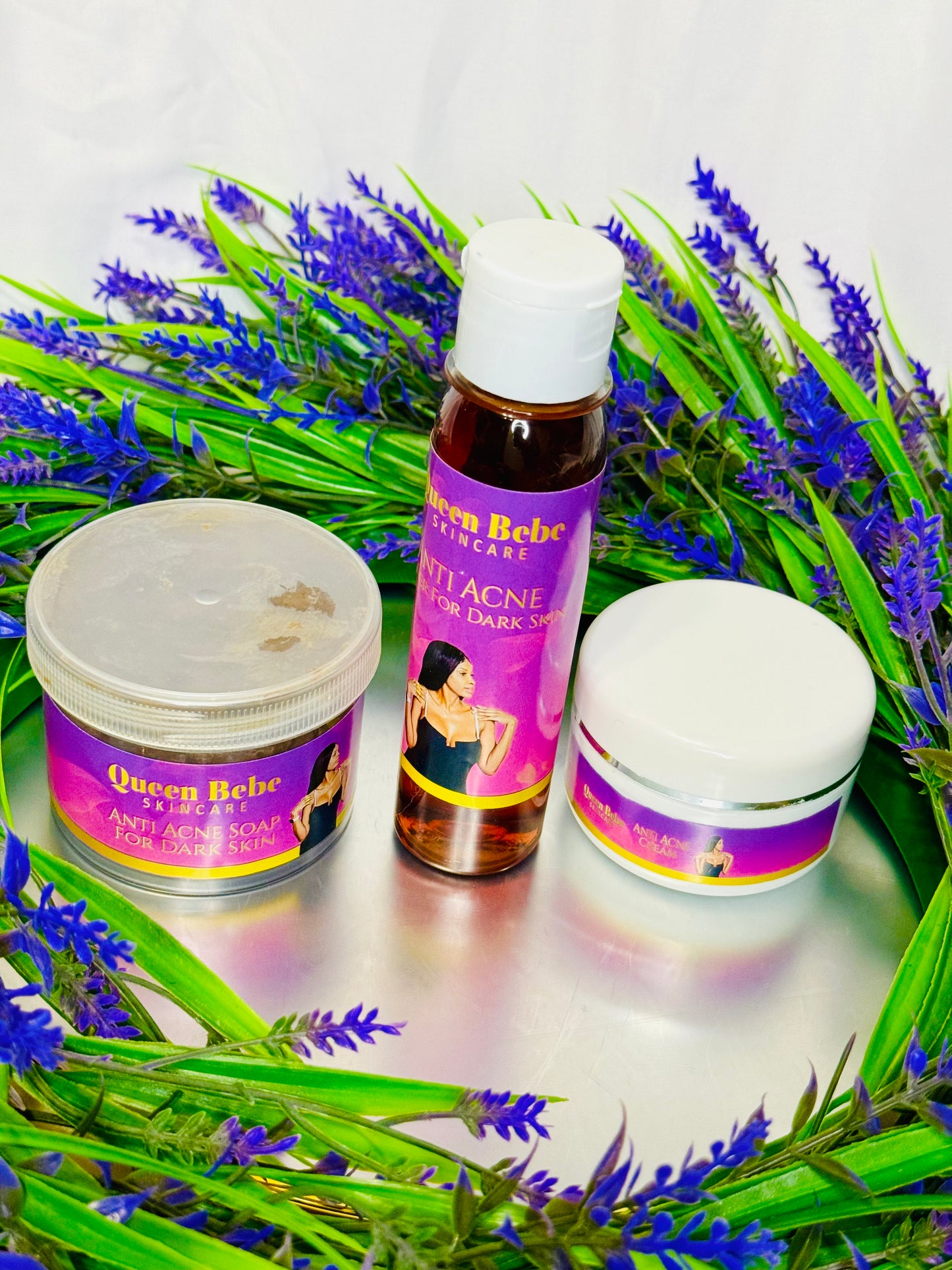 Queen Bebe Skincare Anti Acne Set For Darker Skin. 1 Facial Soap, 1 Facial Toner, 1 Facial Cream