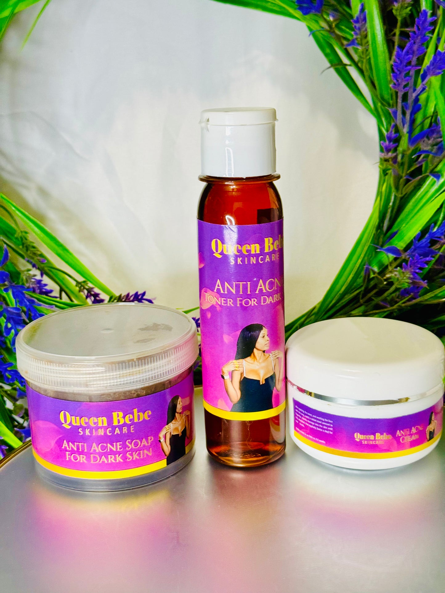Queen Bebe Skincare Anti Acne Set For Darker Skin. 1 Facial Soap, 1 Facial Toner, 1 Facial Cream