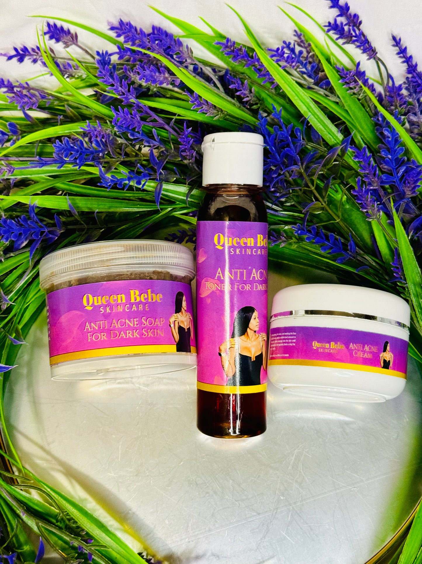 Queen Bebe Skincare Anti Acne Set For Darker Skin. 1 Facial Soap, 1 Facial Toner, 1 Facial Cream