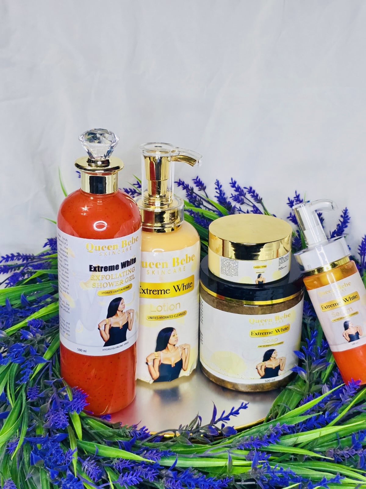 Extreme White Set Contains 1Lotion, 1 Serum, 1Face Cream, 1 Soap, 1 Strong Red Lightening Exfoliating Shower Gel