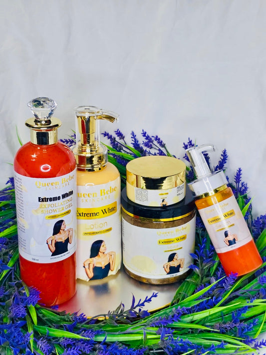 Extreme White Set Contains 1Lotion, 1 Serum, 1Face Cream, 1 Soap, 1 Strong Red Lightening Exfoliating Shower Gel