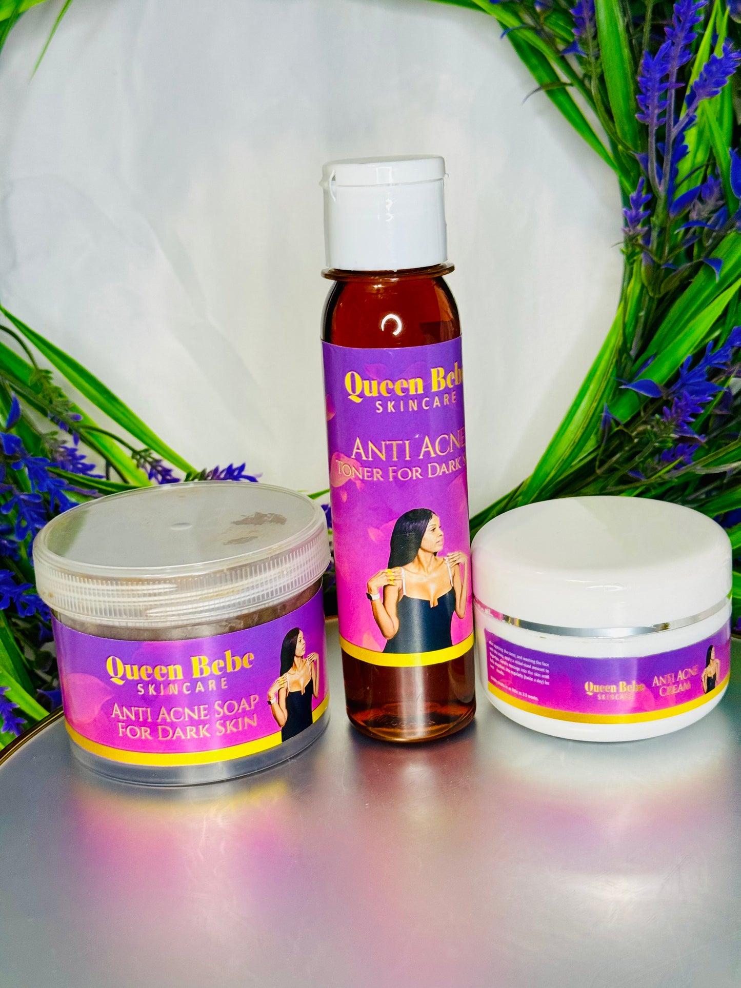 Queen Bebe Skincare Anti Acne Set For Darker Skin.                        1 Facial Soap, 1 Facial Toner, 1 Facial Cream