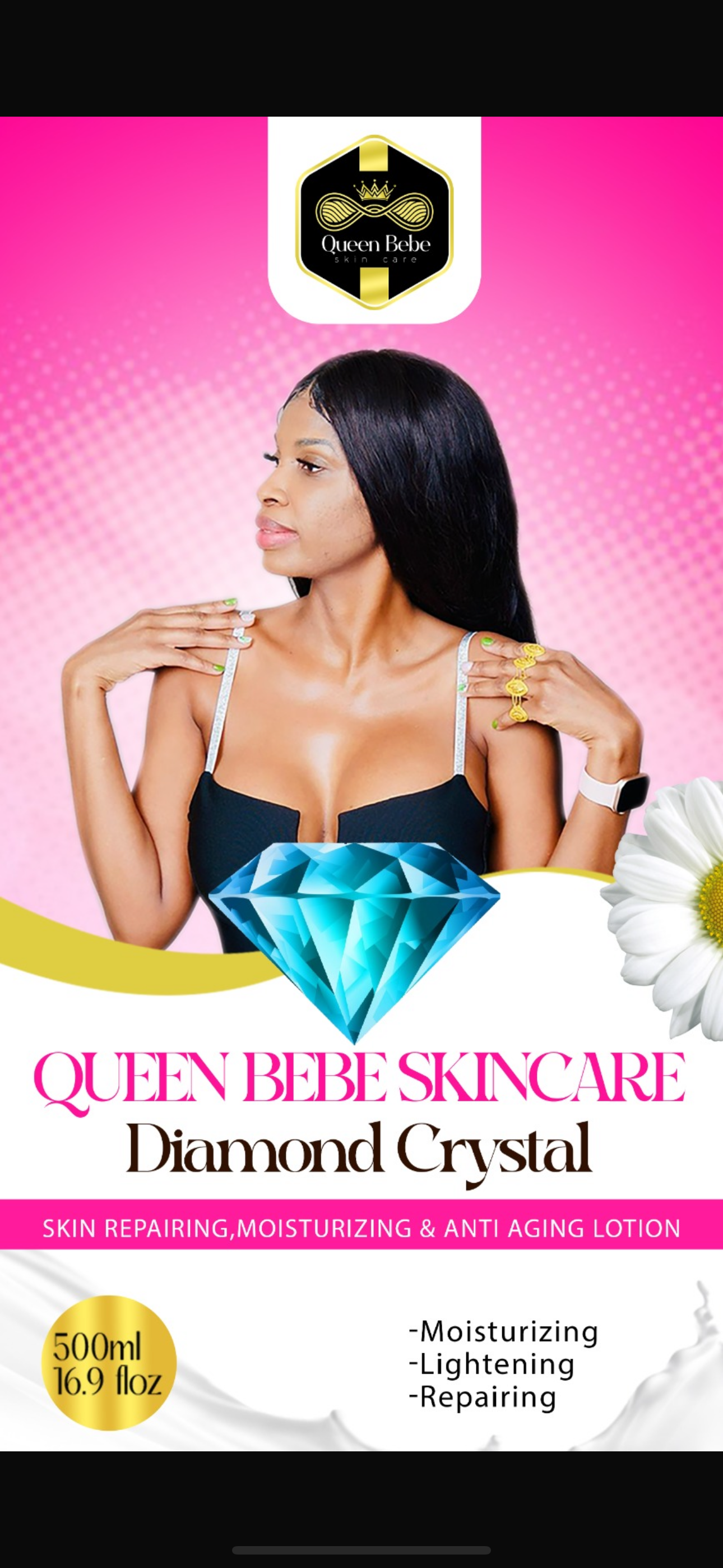 Queen Bebe Skincare                         Diamond Crystal Skin Repairing &Anti Aging Lightening Lotion